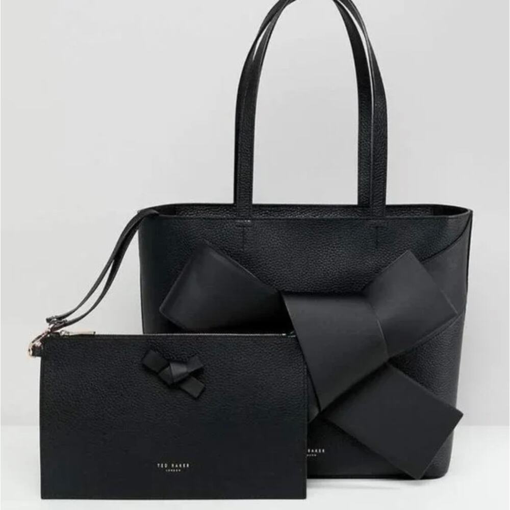 Ted Baker Womens Black Leather Allie Giant Knot Bow Purse Bag & Wallet Set NWT
